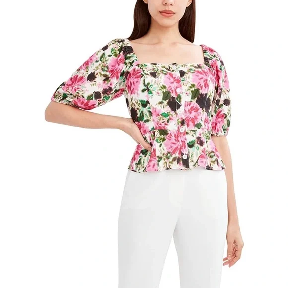 NWT BCBGMAXAZRIA Women's Fitted 3/4 Poof Sleeve Floral Front Button Peplum Top - Picture 4 of 8